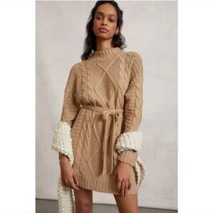 Anthropologie Amadi Leah Cable Knit Tan Mockneck Sweater Dress Size XL